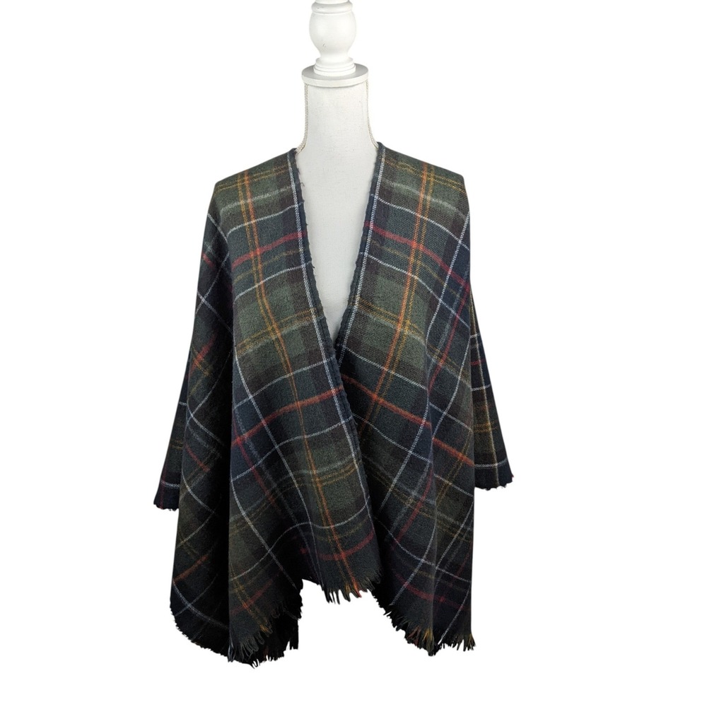 Barbour Monteith Serape Tartan Plaid Wrap Poncho Green Navy